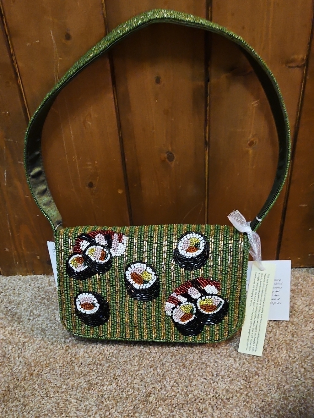 Marshalls Green Beaded Shoulder Bag with Sushi Motif